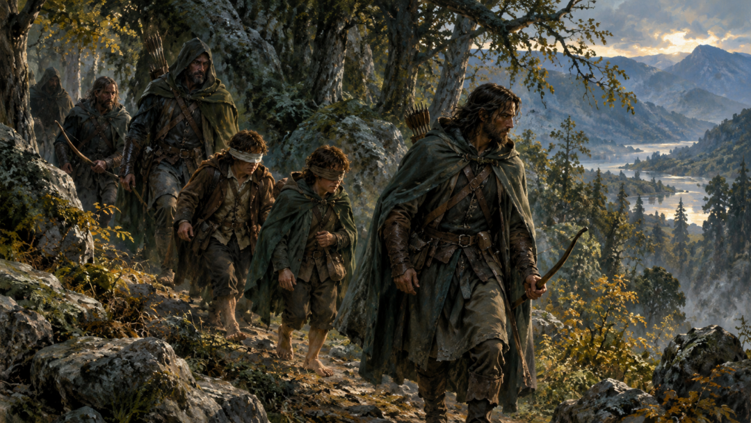 Rangers of Ithilien guiding blindfolded Frodo and Sam through wooded terrain toward the secret refuge of Henneth Annûn.