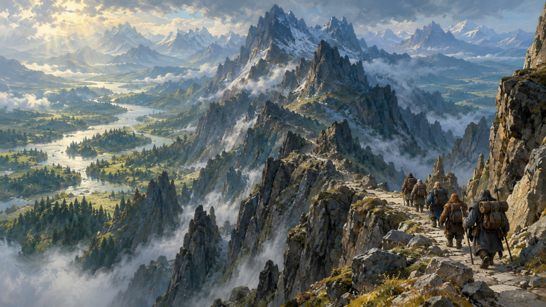 Panoramic First Age view of the Blue Mountains separating Beleriand and Eriador, with Dwarven travelers following a mountain road.