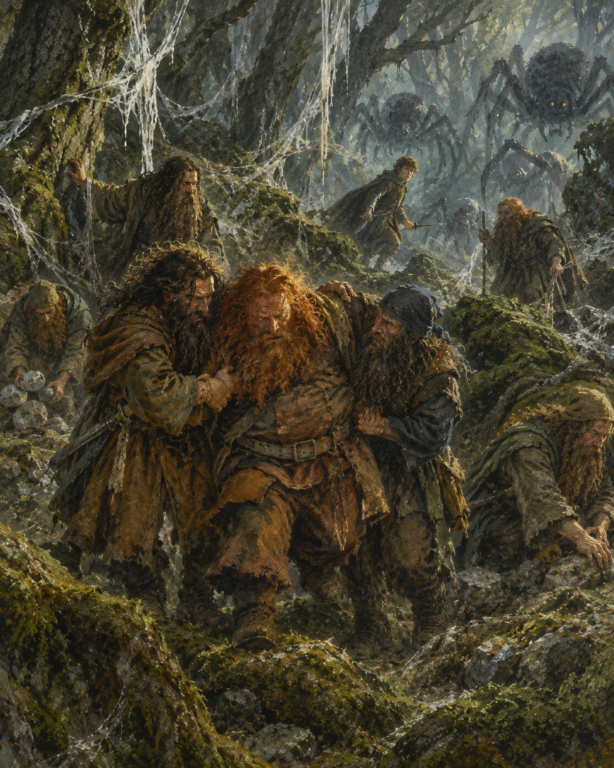 Bifur and Bofur support the exhausted Bombur while other Dwarves struggle to recover after escaping the spiders' webs.