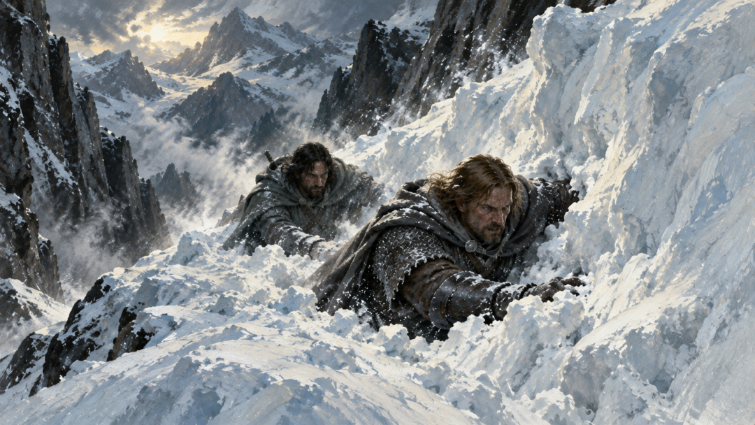 Boromir and Aragorn use their strength to force a narrow passage through chest-deep snow on the slopes of Caradhras.