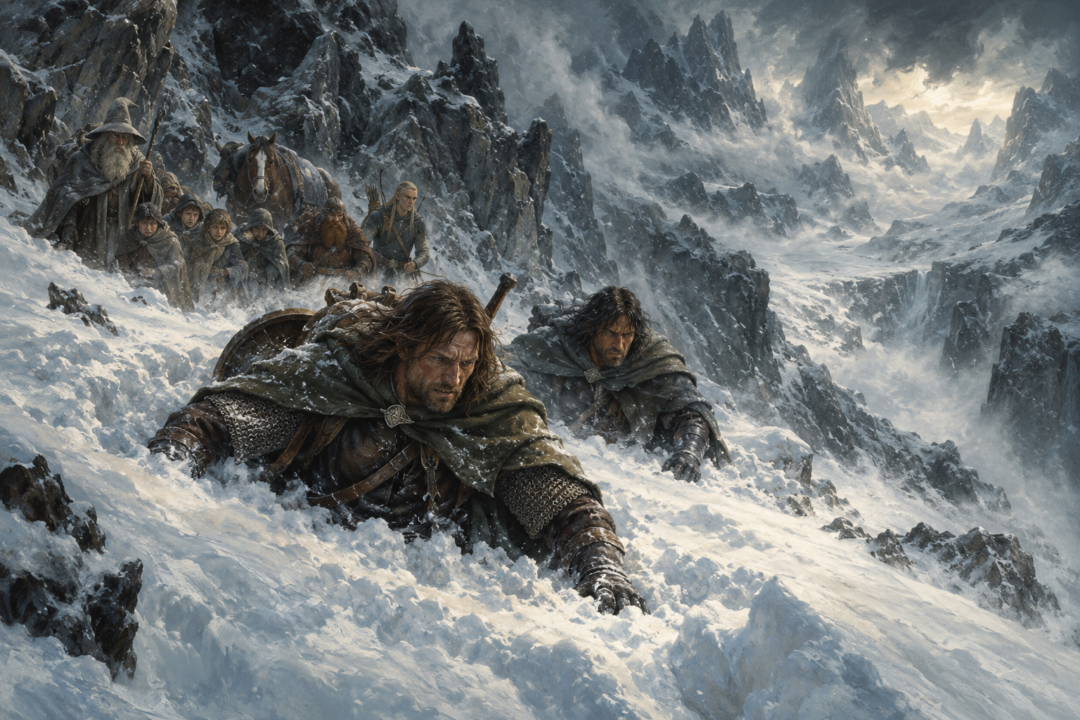 Boromir and Aragorn forcing a trail through deep snow during the Fellowship's retreat from Caradhras.