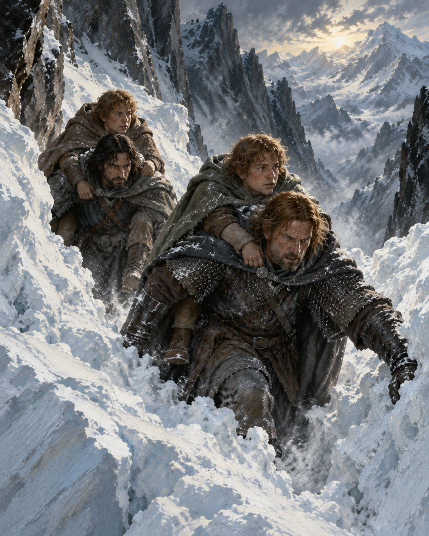 Boromir carries Pippin and Aragorn carries Merry through the deep snow during the Fellowship's retreat from Caradhras.