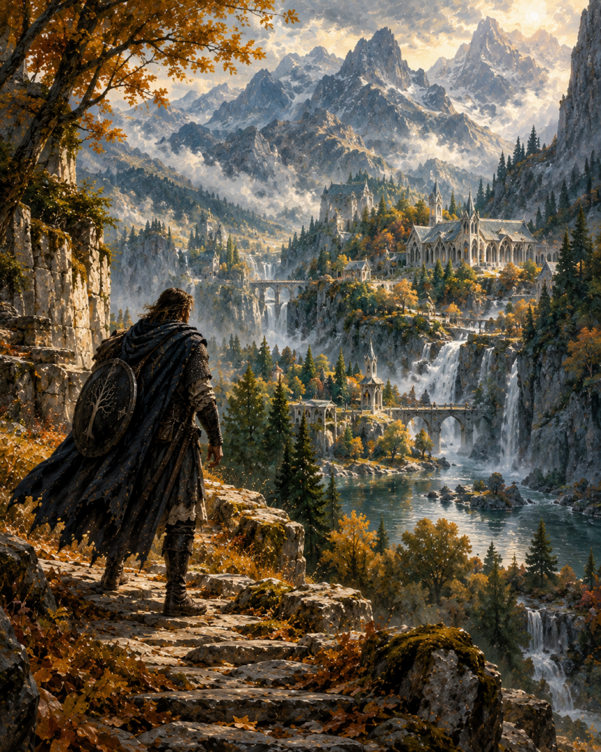 Boromir overlooks the hidden Elven valley of Rivendell after his long journey north from Gondor.
