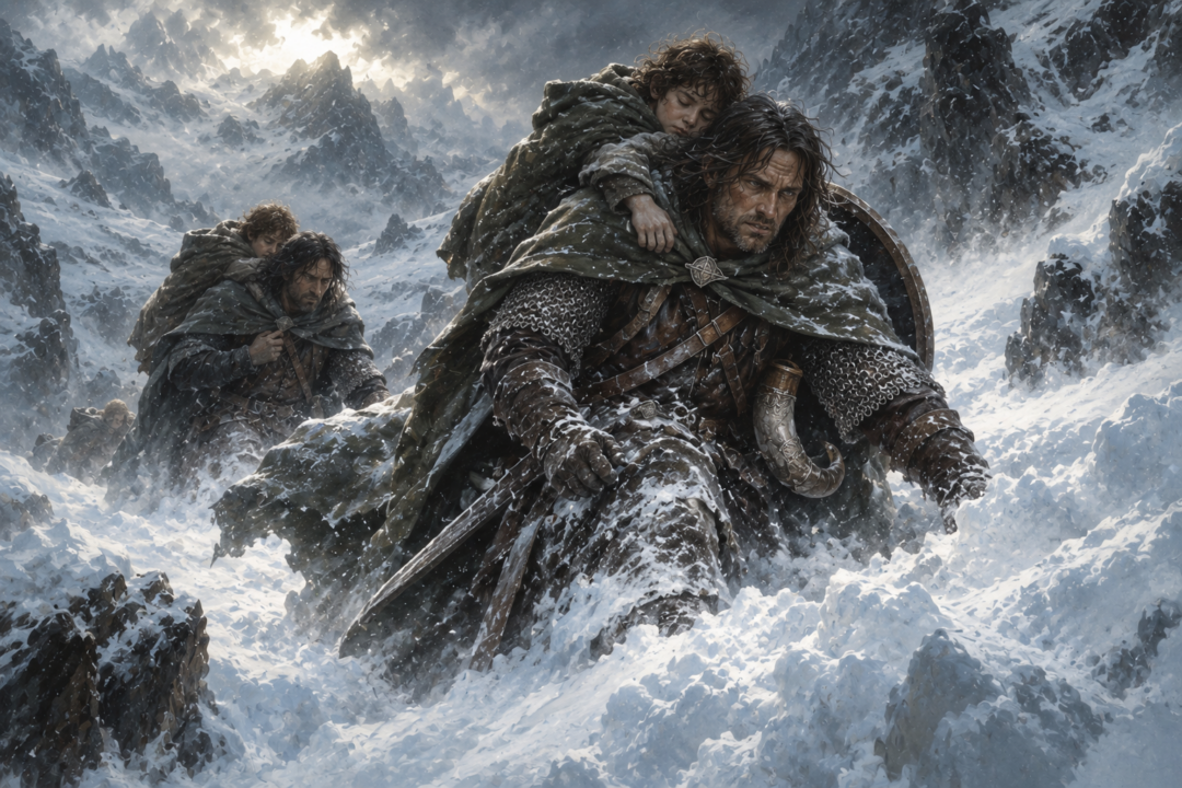Boromir carrying a hobbit through deep snow while the Fellowship retreats from Caradhras.