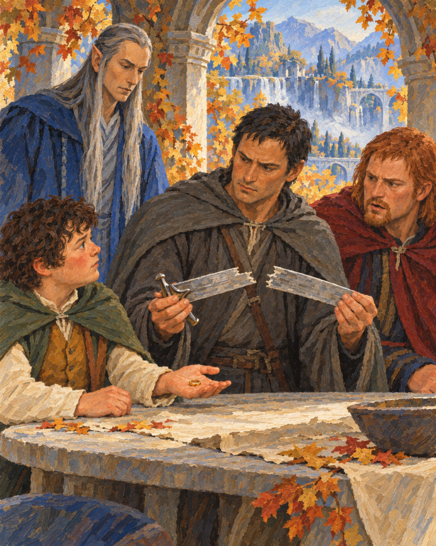 Boromir witnesses Frodo presenting the One Ring at the Council of Elrond while Aragorn holds the fragments of Narsil.