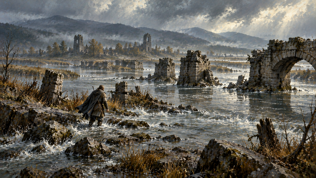 Boromir crossing the Greyflood on foot among the broken remains of Tharbad's bridge, with flooded marshes and abandoned causeways behind him.