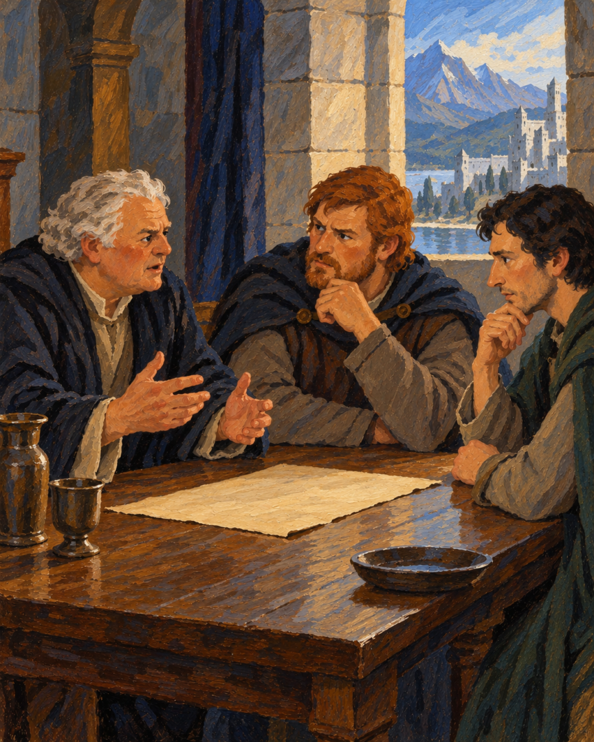 Boromir and Faramir consult Denethor in Minas Tirith about the prophetic dream mentioning Imladris and a Halfling.