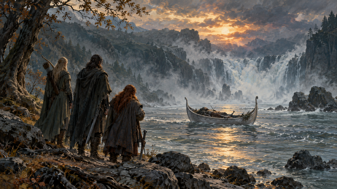 Aragorn, Legolas, and Gimli sending Boromir down the Anduin in an Elven boat toward the Falls of Rauros.