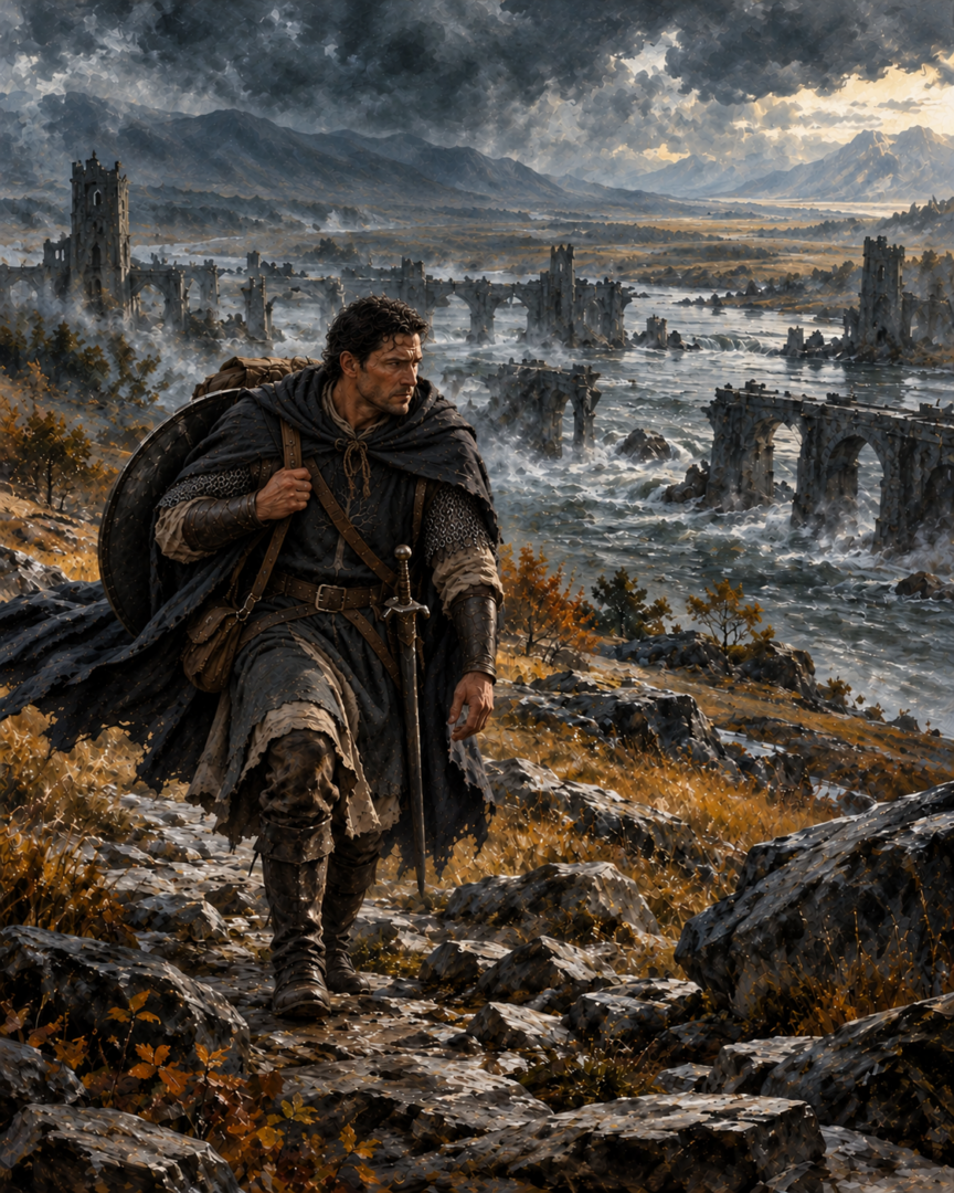 Boromir travels alone on foot through the northern wilderness after losing his horse near the ruined crossings of Tharbad.