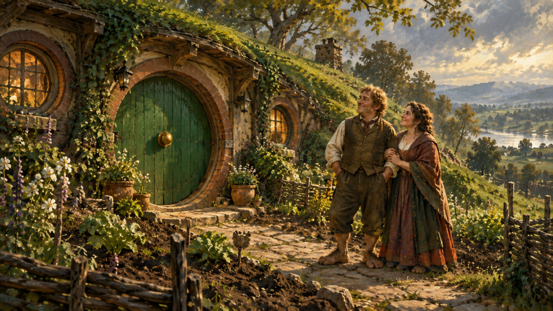 Bungo Baggins and Belladonna Took standing outside the newly constructed Bag End on Hobbiton Hill.