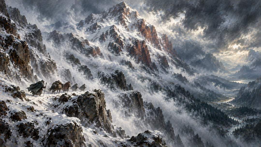 A small group of travellers faces dangerous snow and wind on the Redhorn Pass beneath the towering mountain of Caradhras.