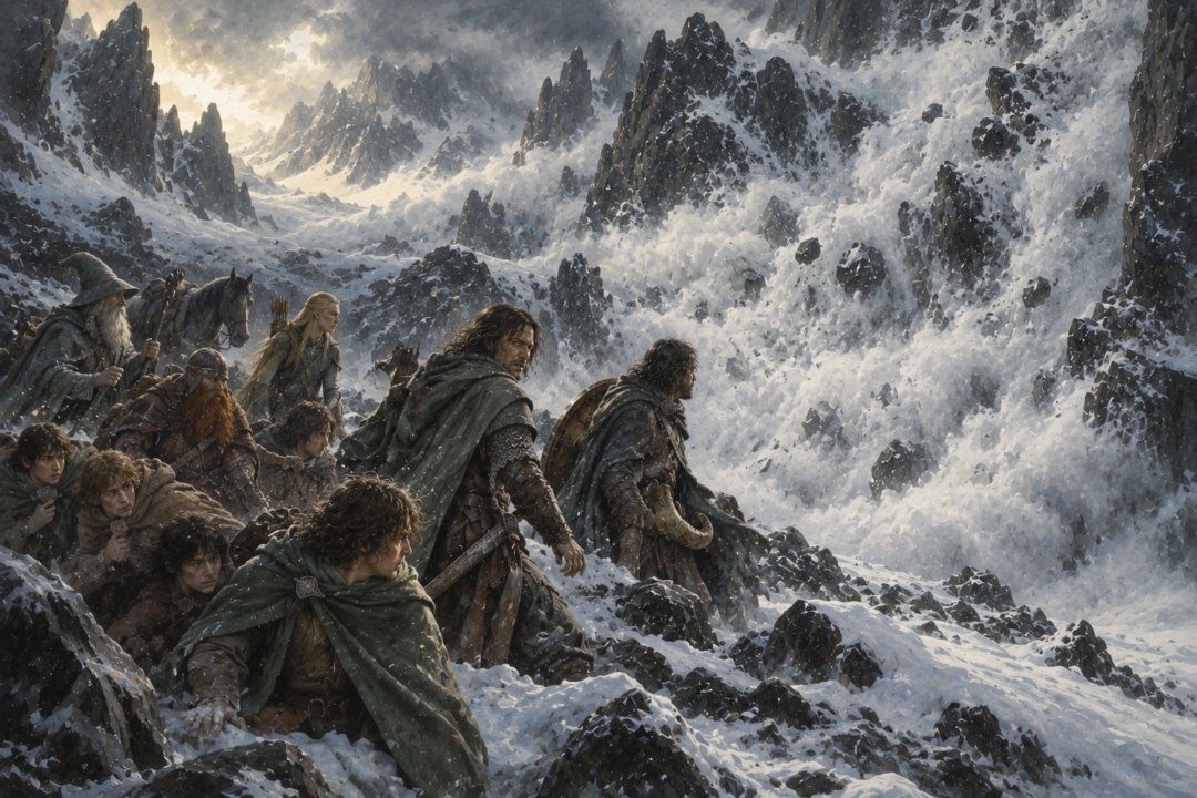 The Fellowship looks back as falling stones and snow block their newly escaped route on Caradhras.