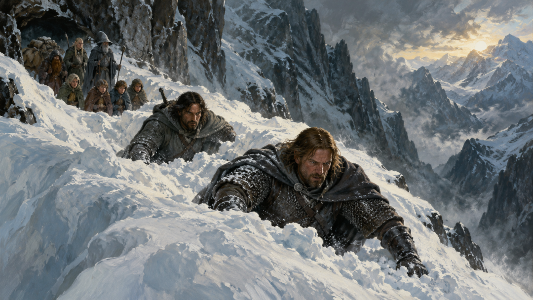 Aragorn and Boromir struggle through deep snow on Caradhras while the Fellowship waits behind them on the mountain.