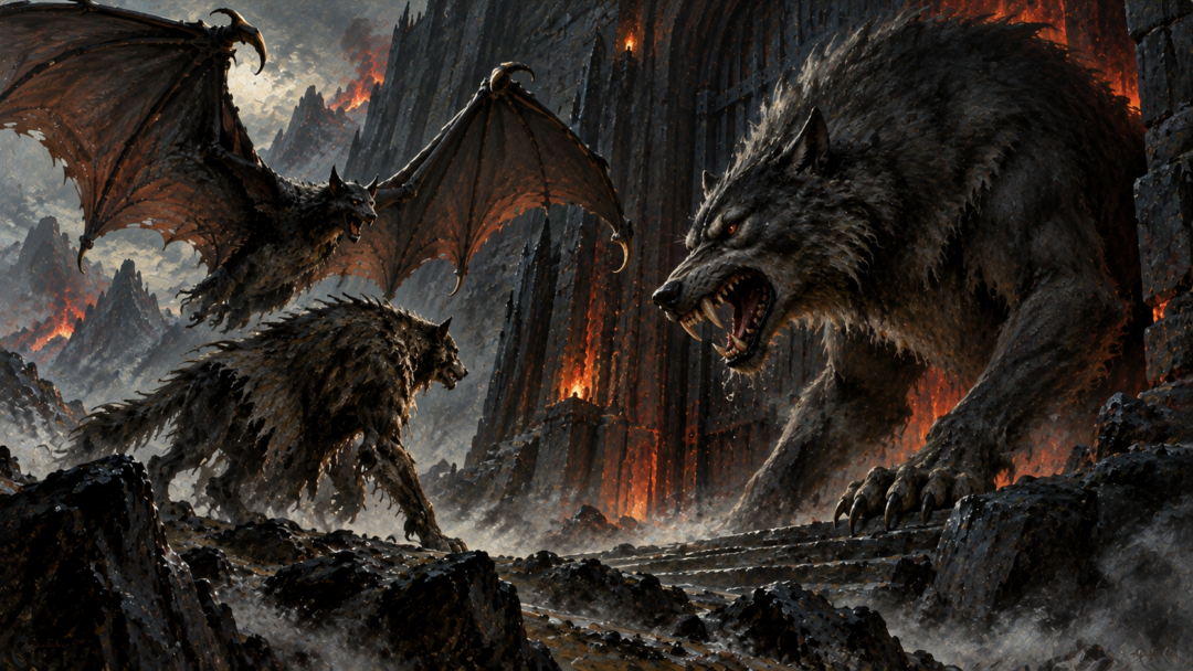 Carcharoth confronts Beren in Draugluin's werewolf form and Lúthien in Thuringwethil's bat disguise at the gates of Angband.