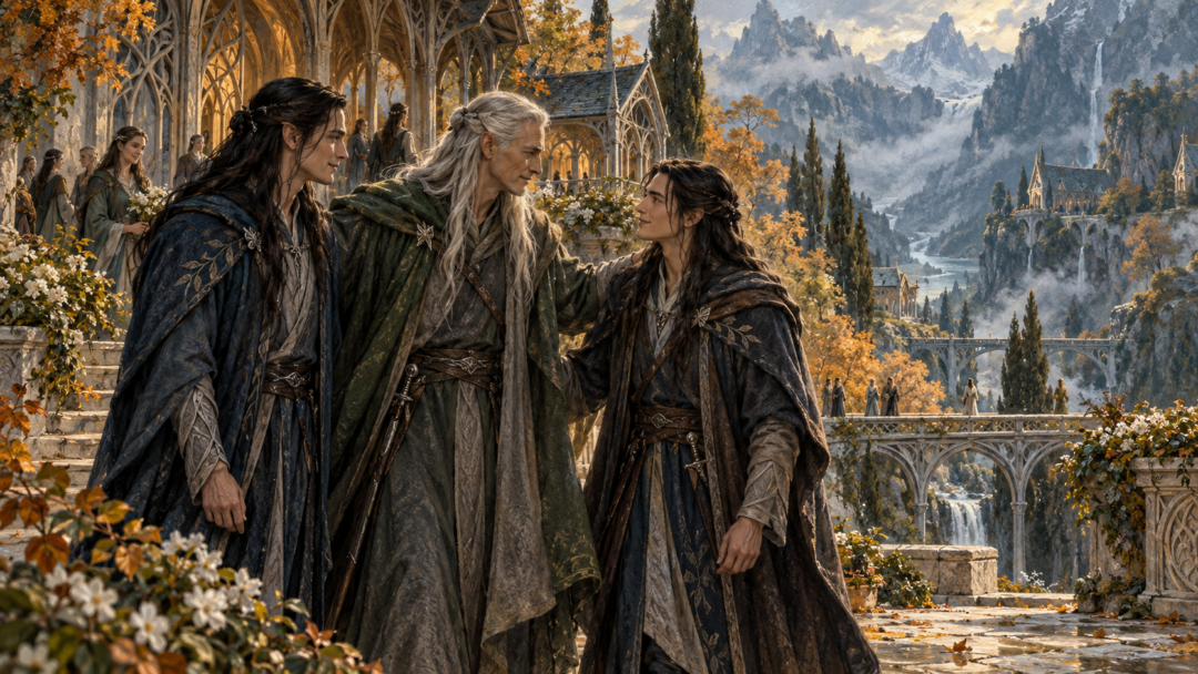 Celeborn is welcomed by his grandsons Elladan and Elrohir in a peaceful courtyard of Rivendell during the Fourth Age.