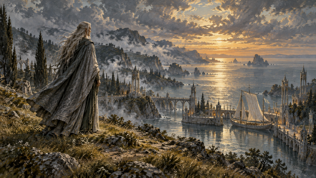 An imagined scene of Celeborn overlooking a white Elven ship at the Grey Havens, symbolizing his eventual undated departure from Middle-earth.