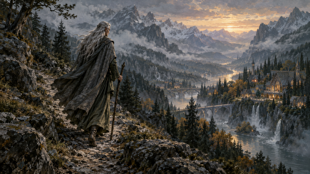 An imagined scene of Celeborn traveling through the Misty Mountains toward Rivendell after leaving his woodland realm.