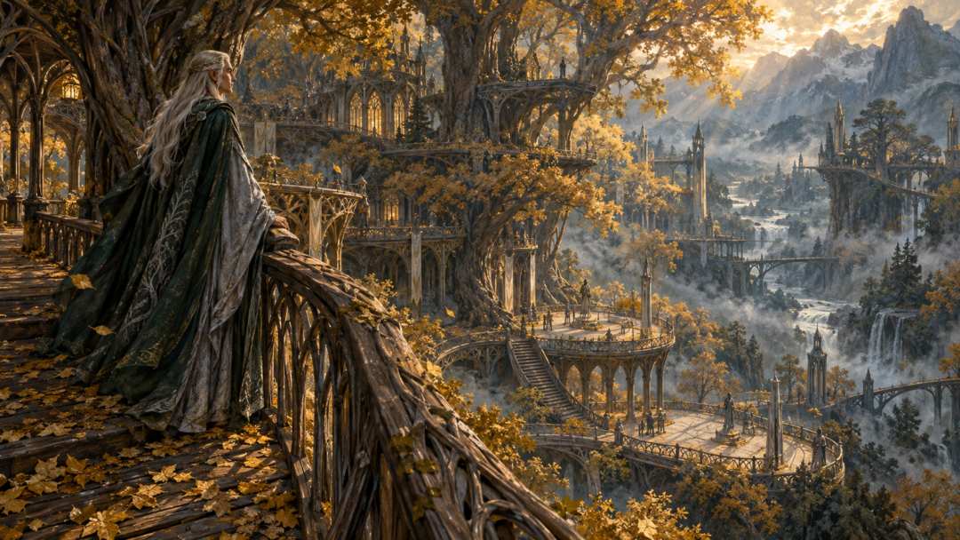 Celeborn overlooks the quiet golden tree-city of Caras Galadhon as Lothlórien's Elven population dwindles during the Fourth Age.