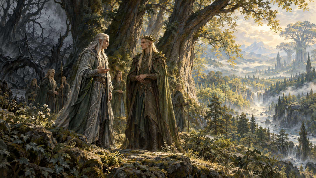 Celeborn and Thranduil meet beneath the ancient trees of the renewed Greenwood after Sauron's defeat.