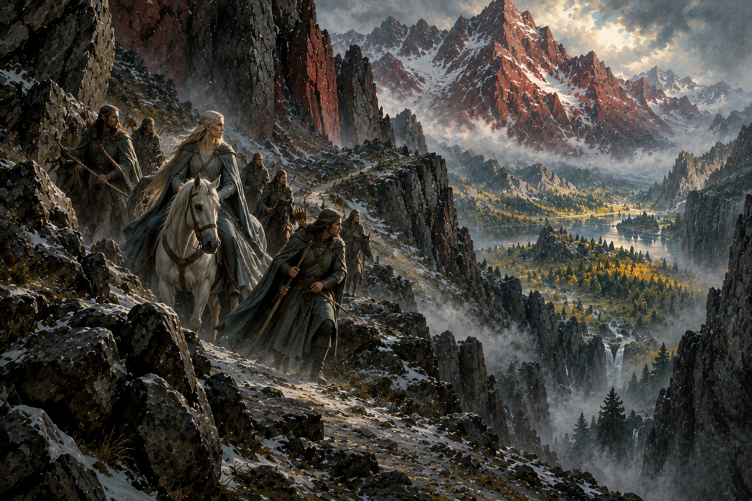 Celebrían and her Elvish escort travelling through the Redhorn Pass toward Dimrill Dale and Lórien