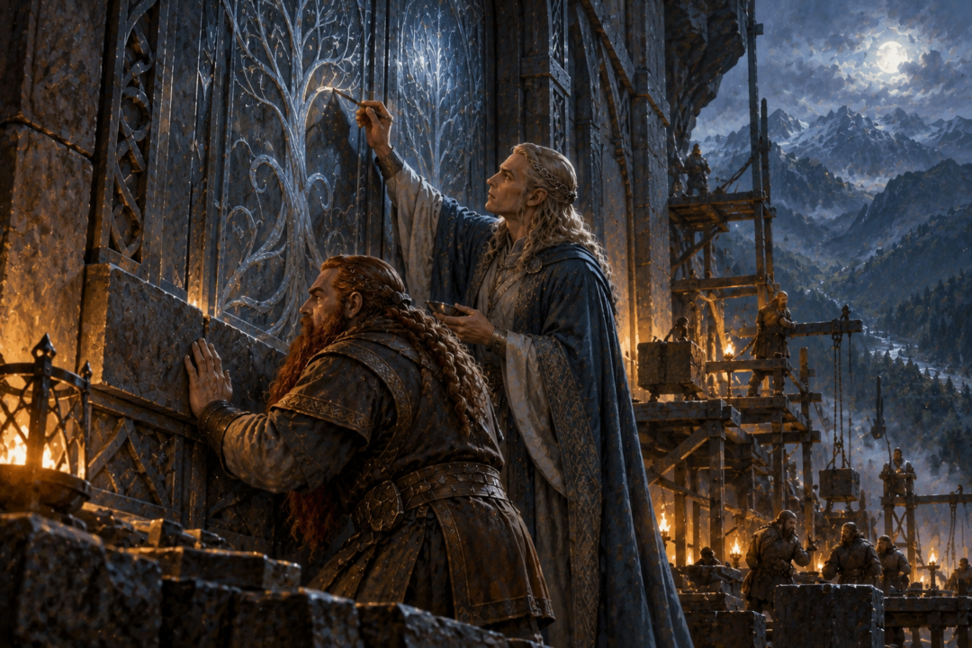 Celebrimbor and Narvi collaborating on the West-gate of Khazad-dûm during the Second Age