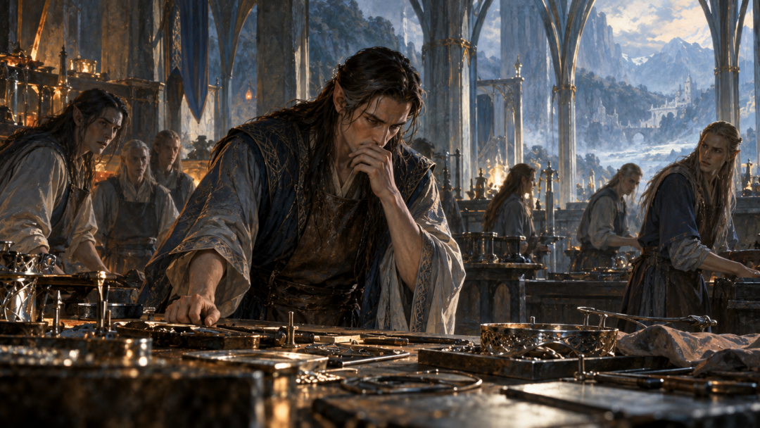 Celebrimbor in Eregion confronting the realization that the Elven smiths have been deceived by Sauron