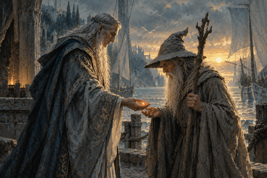 Círdan secretly entrusting Narya the Ring of Fire to Gandalf at the Grey Havens
