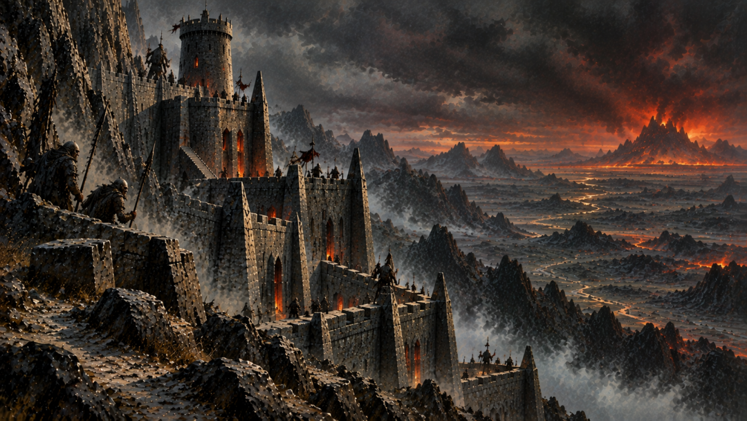 Orc guards occupying the Tower of Cirith Ungol under Sauron's rule, watching the roads and lands inside Mordor.