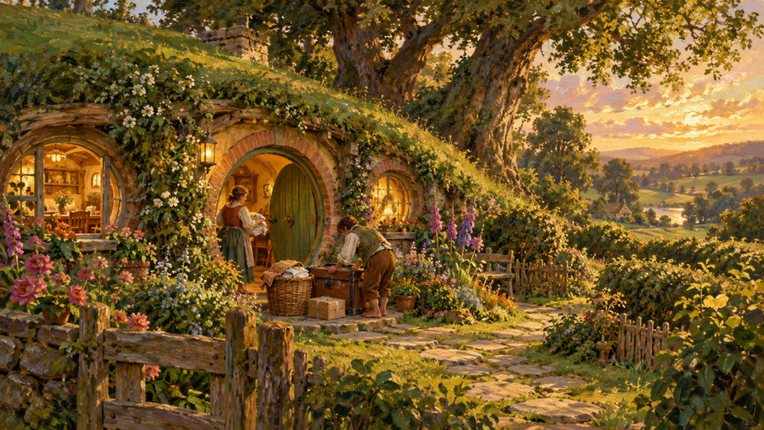 Interpretive illustration of Crickhollow as a comfortable hobbit residence with an inviting doorway, domestic belongings, and a peaceful garden.