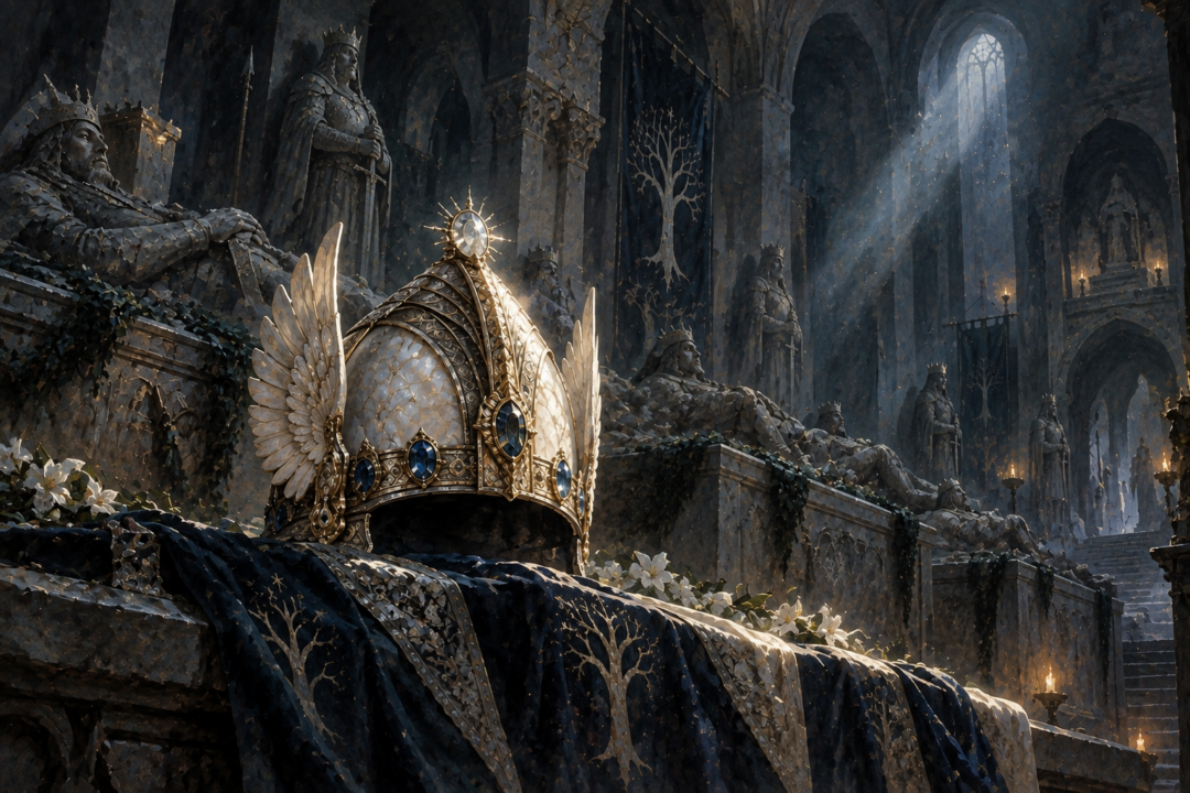 The jewelled Crown of Gondor preserved in the royal tombs of Rath Dínen during the rule of the Stewards.
