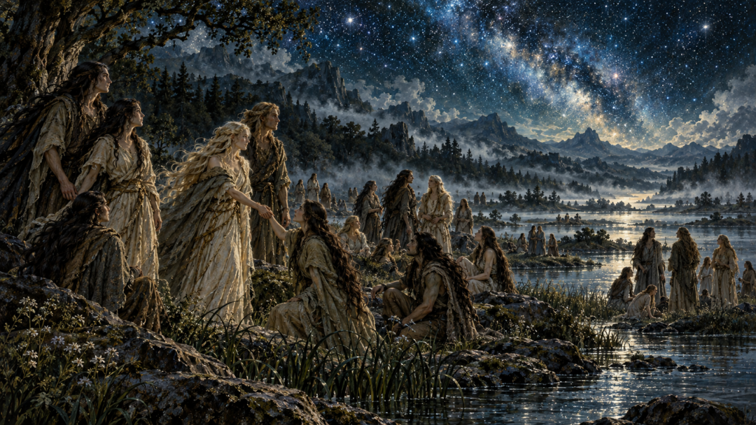 Early Elven couples and newly discovered groups gathering along the shores of Cuiviénen in the legendary counting tradition.