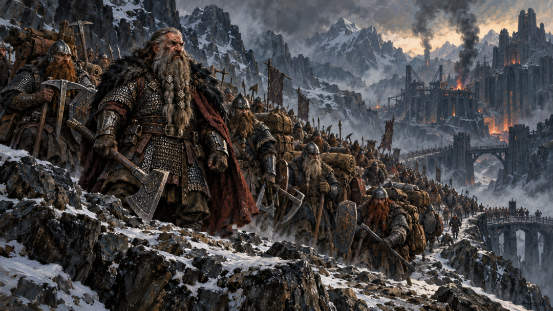 Dáin Ironfoot mustering five hundred armed Dwarves of the Iron Hills to march toward Erebor.