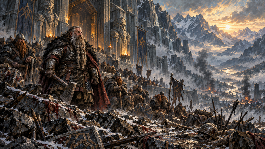 Dáin Ironfoot at Erebor after the Battle of Five Armies as the kingship passes to Grór’s line.