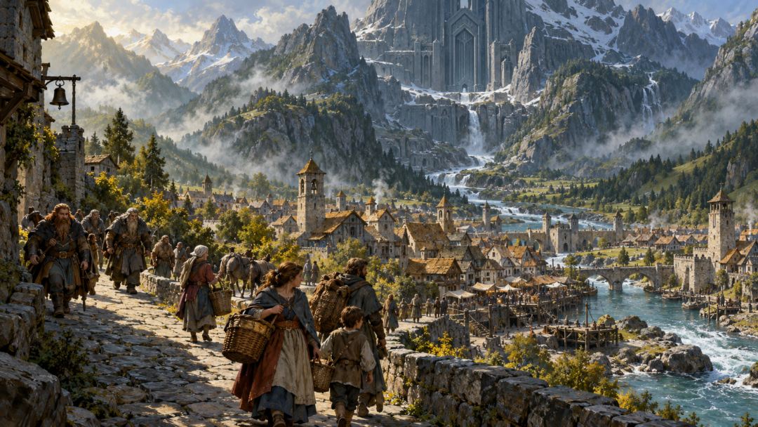 Prosperous Dale beneath the Lonely Mountain before Smaug, with Dwarves and townspeople travelling beside the River Running.