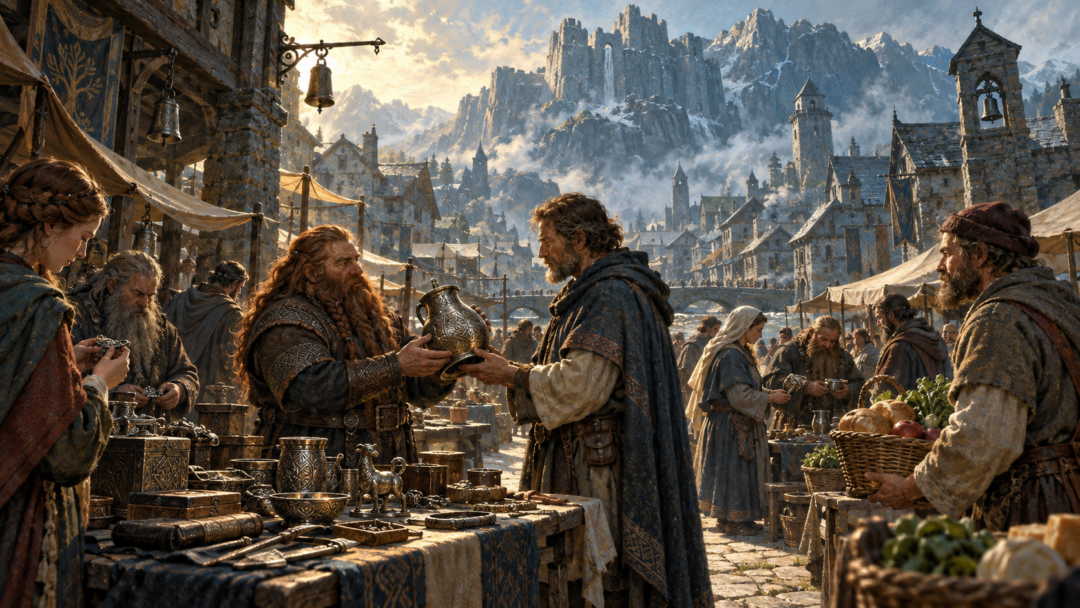 A Dwarven craftsman and human merchants exchanging crafted goods and provisions in an imagined market scene in old Dale.