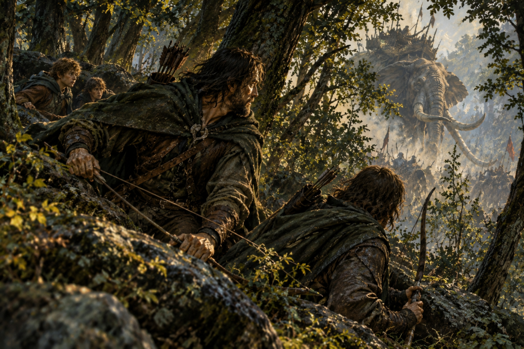 Damrod and the Rangers of Ithilien react as a great mûmak approaches through the woodland during battle.
