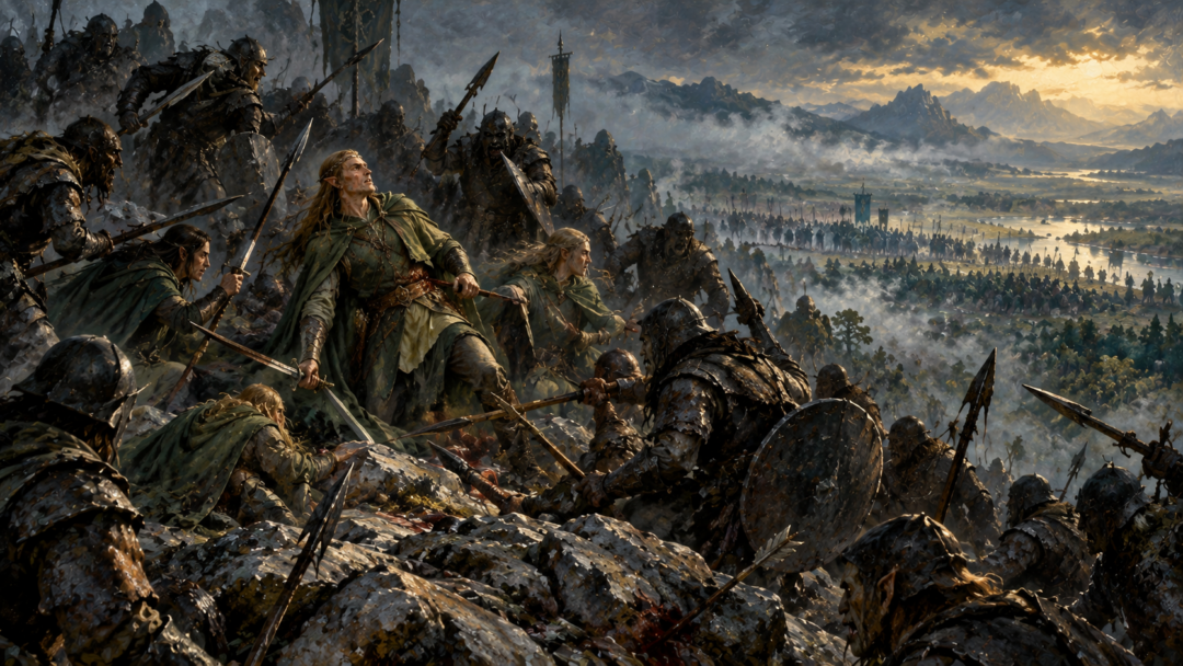 Denethor and the lightly armed Green-elves surrounded by Orcs during the First Battle of Beleriand.