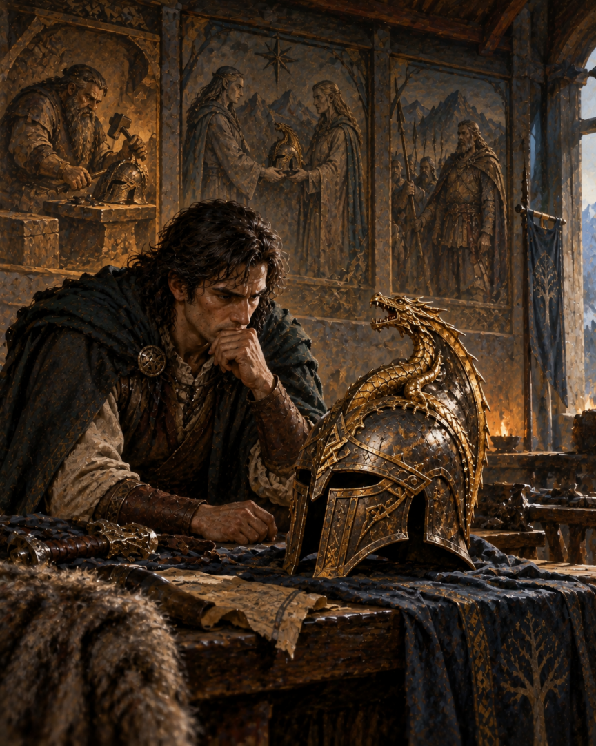 A symbolic painting of Túrin contemplating the ancestral Dragon-helm, with carved scenes recalling its passage between Dwarves, Elves, and Men.