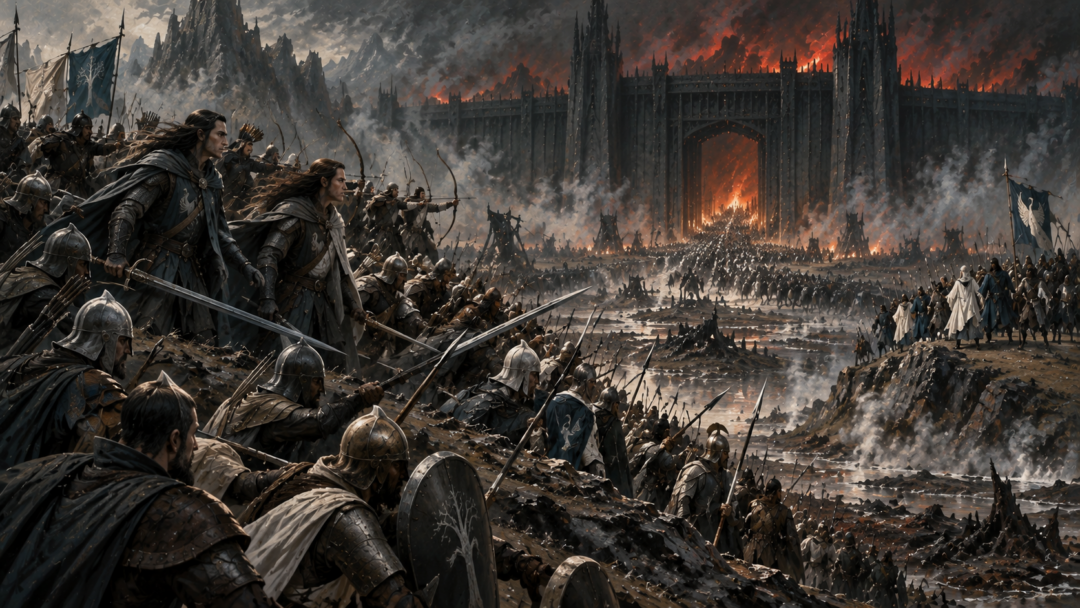 Dúnedain, Men of Dol Amroth, and Gondorian guards strengthen the forward defenses facing Mordor at the Black Gate.