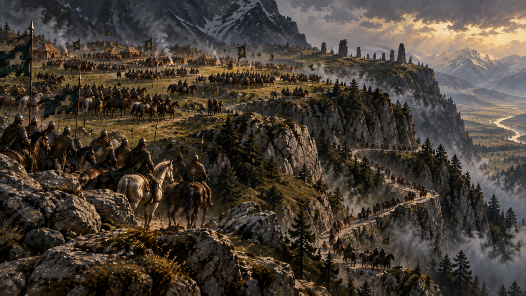 Riders of Rohan assembling on the high field at Dunharrow while more horsemen climb the winding road below.