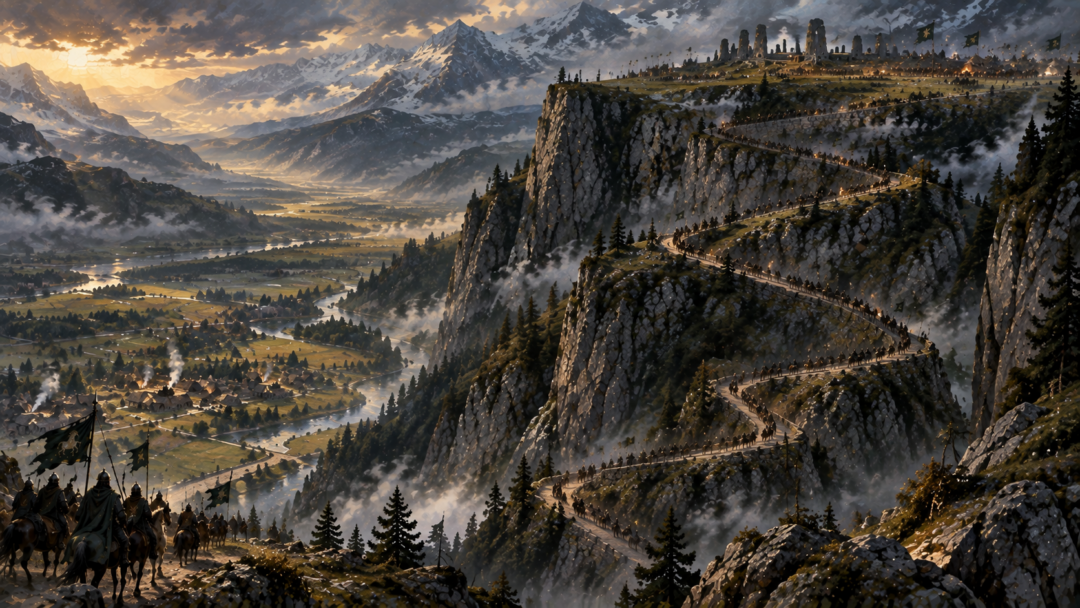 High view of the Dunharrow road showing Rohirrim stretched along its switchbacks above Harrowdale.