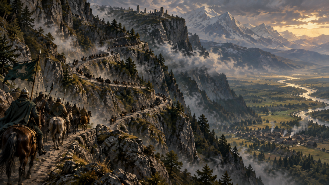 Rohirrim riders climbing the steep switchback road from Harrowdale toward Dunharrow beneath the White Mountains.