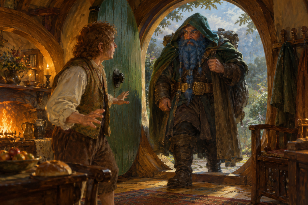Dwalin entering Bag End in a dark-green hood as a surprised Bilbo greets the first Dwarf.