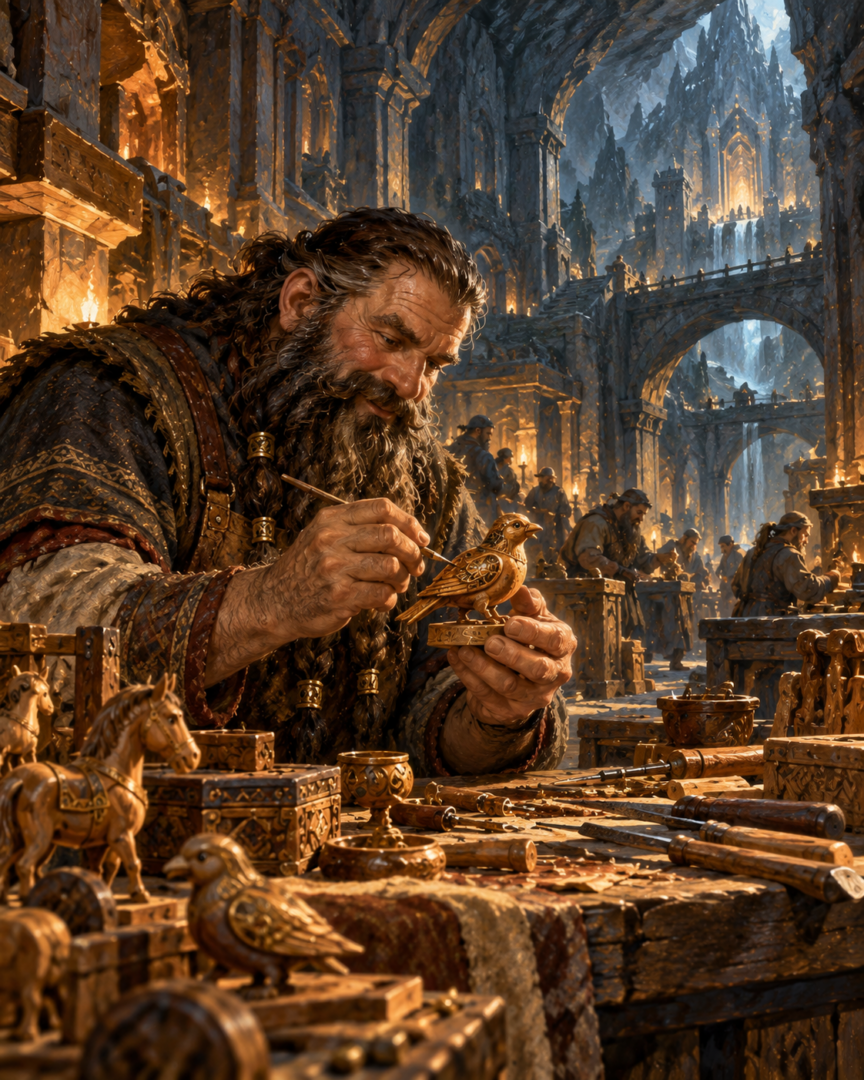 Dwarven artisan carefully carving a small decorative wooden toy inside a grand stone workshop beneath Erebor.