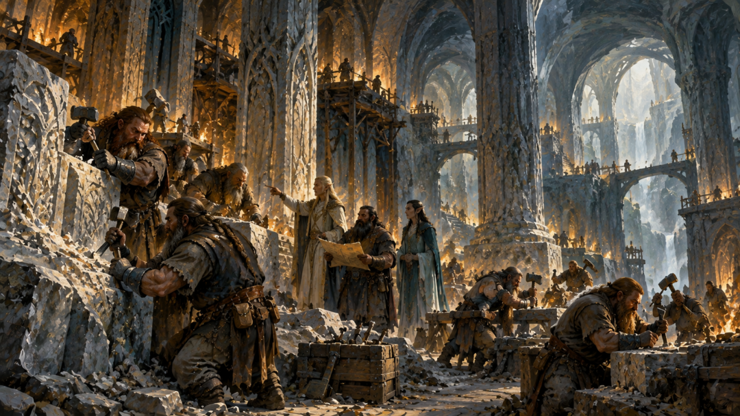 Dwarven craftsmen from the Blue Mountains working alongside Elves in the great underground halls of Menegroth in Doriath.