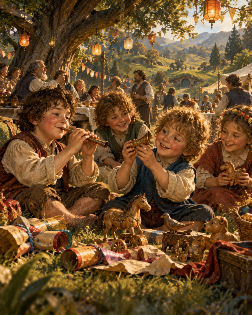 Hobbit children enjoying handcrafted northern toys and miniature musical instruments during Bilbo Baggins's birthday celebration in the Shire.
