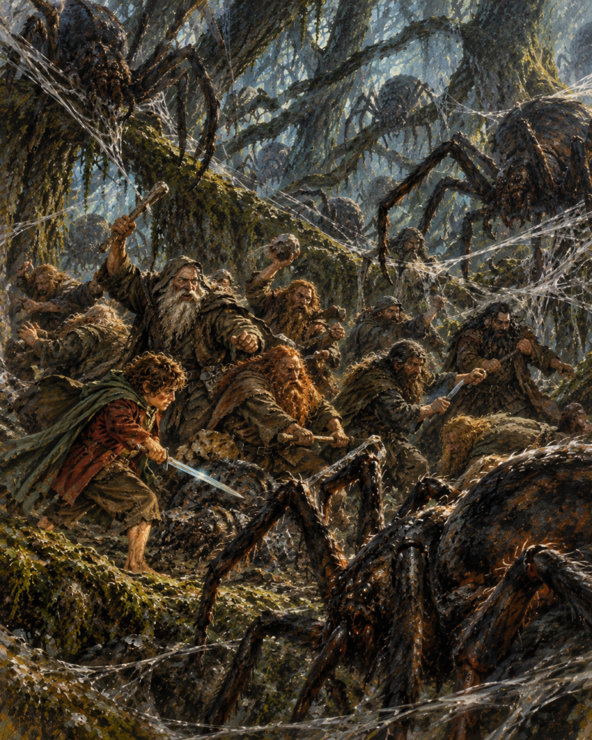 Exhausted Dwarves fight giant spiders with sticks, knives, and stones as fresh webs surround them in Mirkwood.