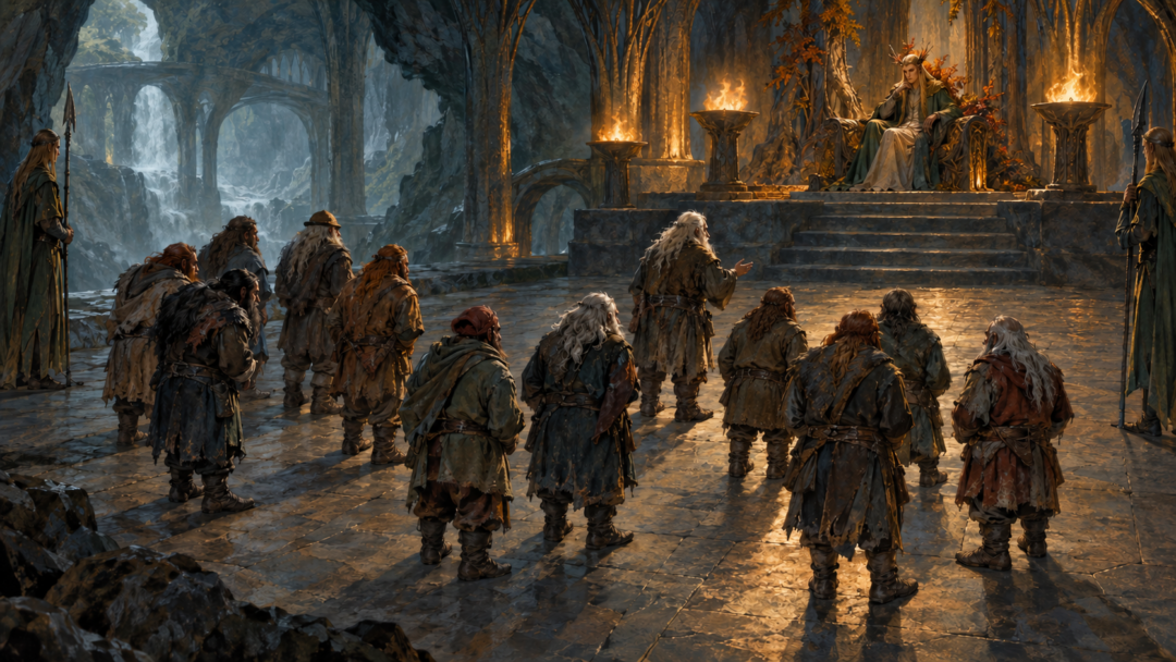 Balin and the eleven other captured dwarves being questioned by the Elvenking while Thorin remains imprisoned separately