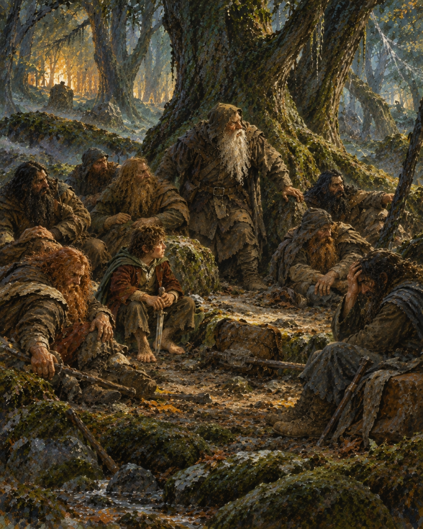 Bilbo and the exhausted Dwarves rest beneath the trees of Mirkwood as they begin to realize Thorin is missing.