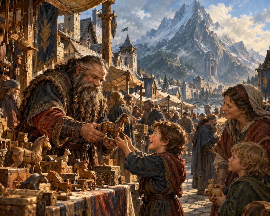Dwarven craftsman presenting a handmade toy to a child in the bustling market of Dale beneath the Lonely Mountain.